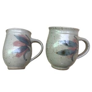 Handthrown Artisan Pottery Mugs Pastel Leaf Swirl Speckled Stone Boho Country